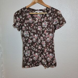 Boden Floral Retro Empire Waist V-Neck Blouse sz 2 Brown Pink Purple